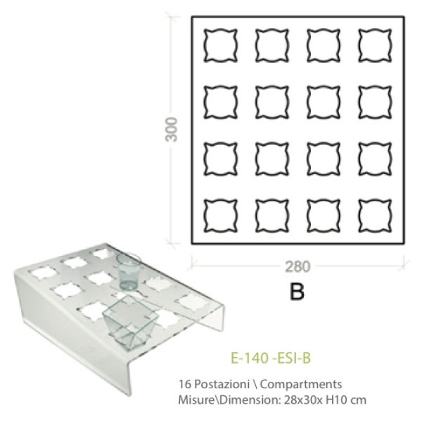 Exhibitor in transparent plexiglass with 16 positions for cakes in small glasses - cm. 28x30x H10