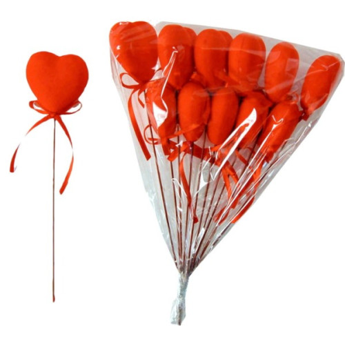 Pick red heart 4,5 cm high 35 cm with ribbon - 12 pieces