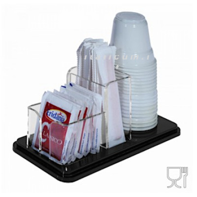 Sugar packet coffee stirrers and cups holder black-clear plexiglass 3 dividers cm.18x8,5x7