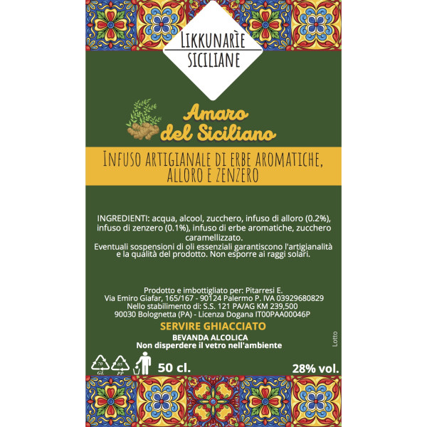 Sicilian artisan bitter with aromatic herbs, laurel and ginger - 50 cl. 28%