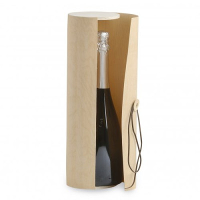 Cylindrical wooden-leaf box for Magnum bottle with leather string  - cm.35,5 x 10,80