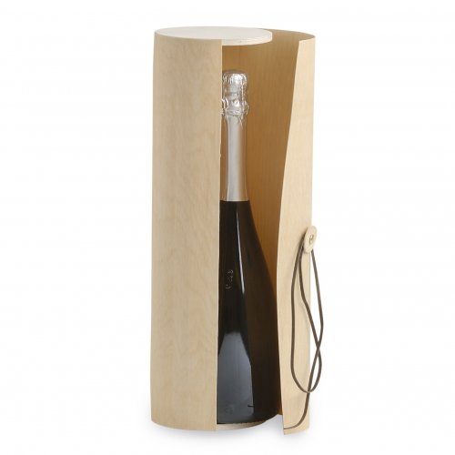 Cylindrical wooden-leaf box for Magnum bottle with leather string  - cm.35,5 x 10,80