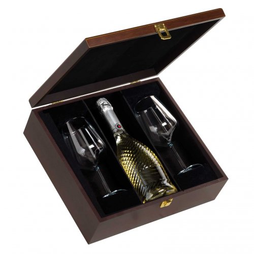 Brown wooden box 1 bottle with two goblets