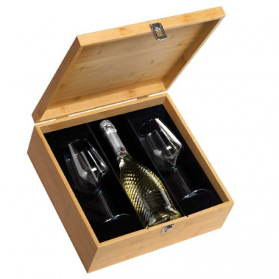 Bamboo wooden box 1 bottle with 2 glass goblets