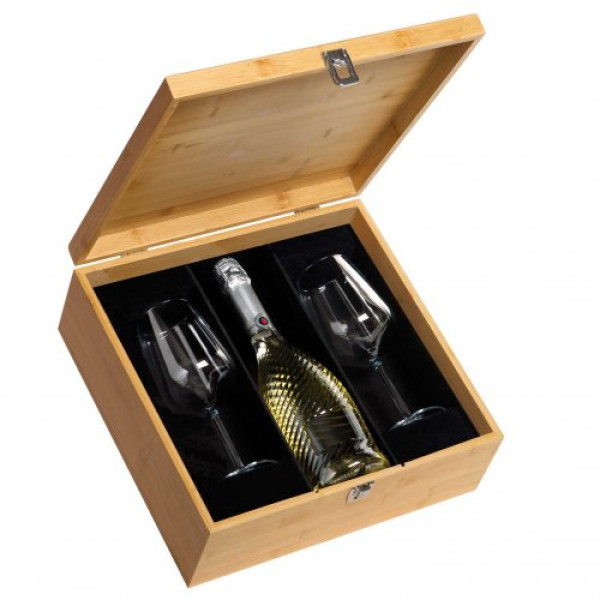 Bamboo wooden box 1 bottle with 2 glass goblets
