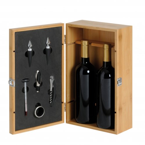 Bamboo wooden wine box 2 bottles with 6 wine accessories