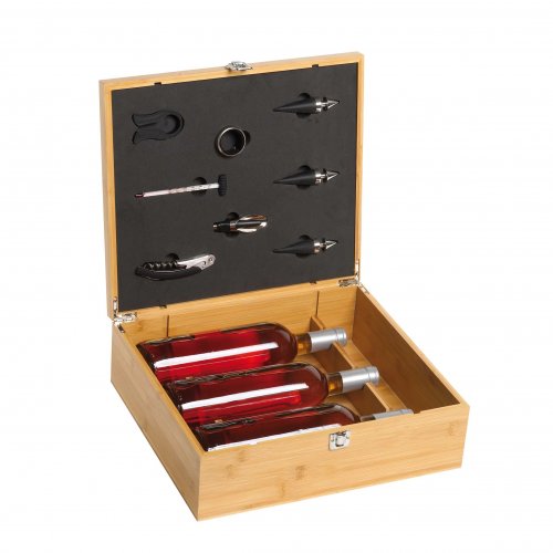 Bamboo wooden box for 3 bottles with 8 wine accessories