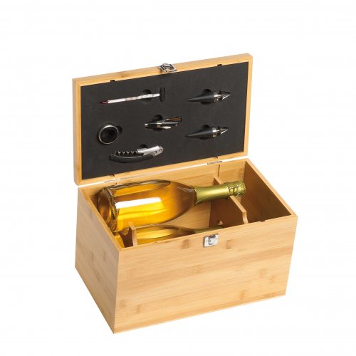 Bamboo wooden box for 4 wine bottles with 6 accessories