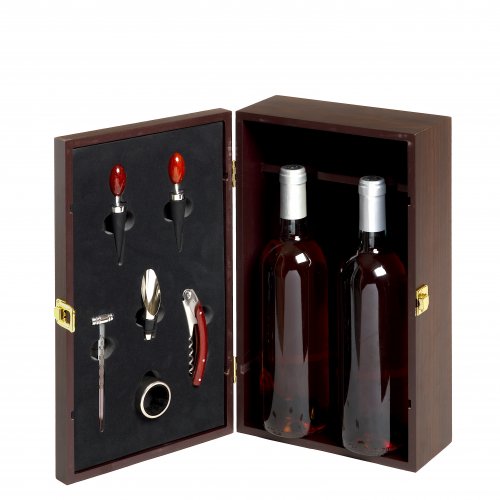 Brown varnished wooden 2-bottle box with 6 accessories