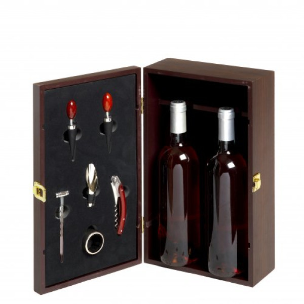 Brown varnished wooden 2-bottle box with 6 accessories