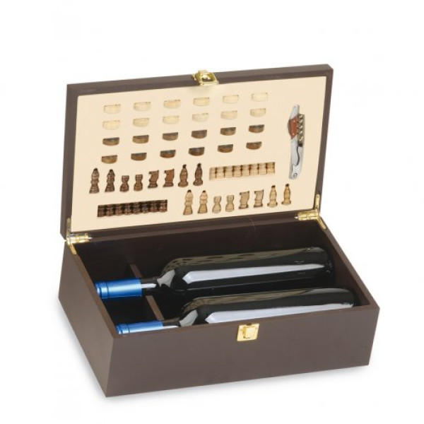 Wooden box 2 bottles with corkscrew and checkers and chess games
