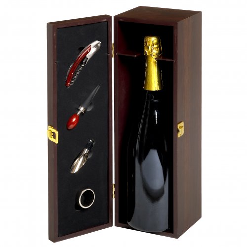 Brown wooden box for 1 magnum bottle 1.5 liters with 4 accessories