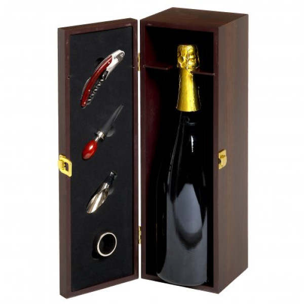 Brown wooden box for 1 magnum bottle 1.5 liters with 4 accessories