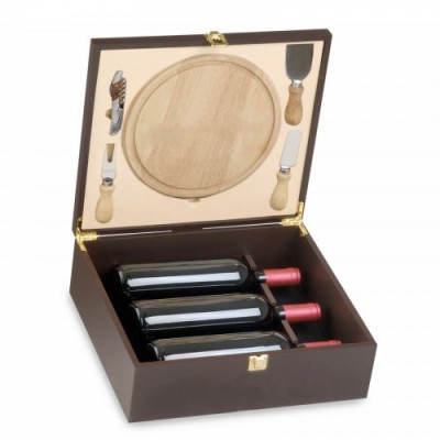 Wooden box for 3 bottles with chopping board and 3 cheese knives