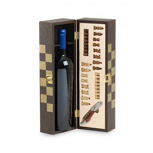 Wine wooden case 1 bottle with corkscrew and wooden chess