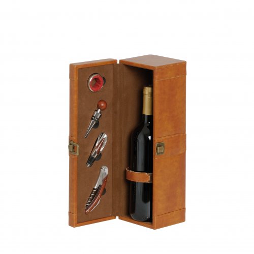 Tobacco leather bottle holder box with 4 accessories