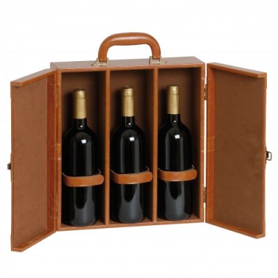 Wooden box for 3 bottles wine leather tobacco with handle