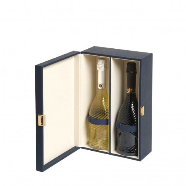 Wooden box for 2 bottles in blue leather