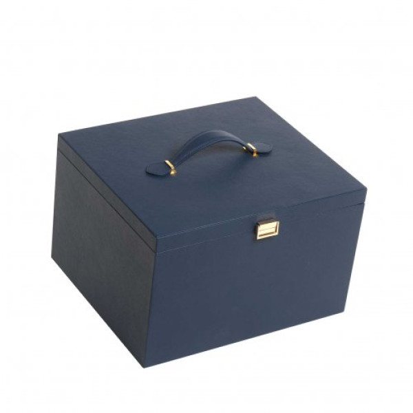 Blue leather wooden box for 6 bottles