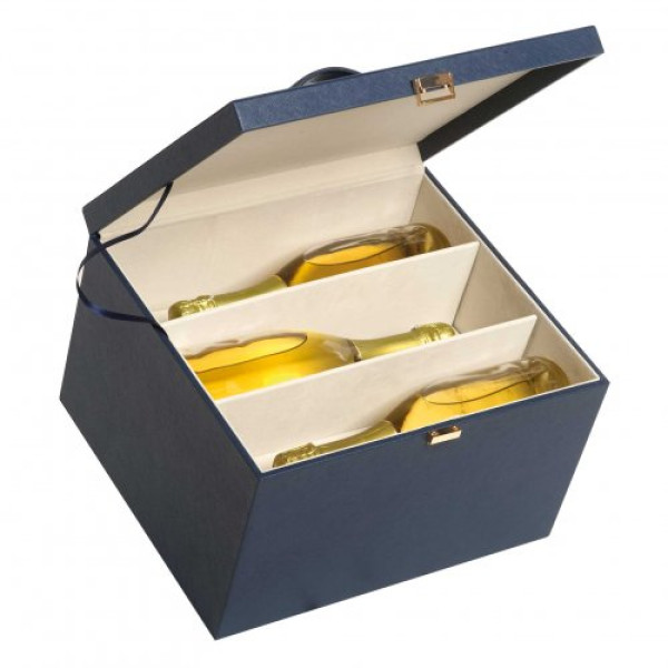 Blue leather wooden box for 6 bottles