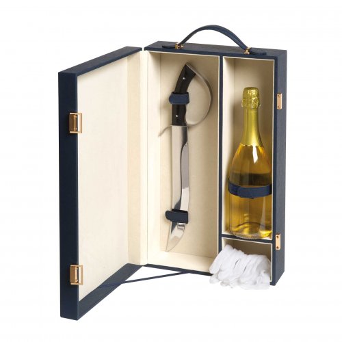 Saber with gloves in blue leather wooden case for 1 bottle