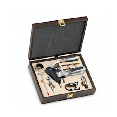Rabbit corkscrew Wine-set with thermometer, drop-stopper, pourer, foil-cutter, stopper -  in wooden box