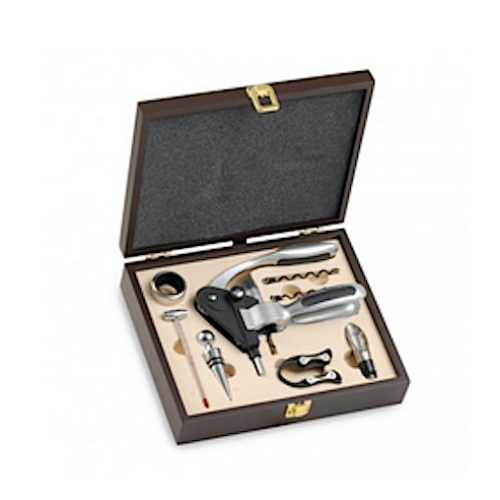 Rabbit corkscrew Wine-set with thermometer, drop-stopper, pourer, foil-cutter, stopper -  in wooden box