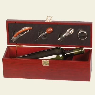VARNISHED BURGUNDY WOODEN CASE BOX FOR 1 BOTTLE WITH 4 ACCESSORIES - 250 Pcs.