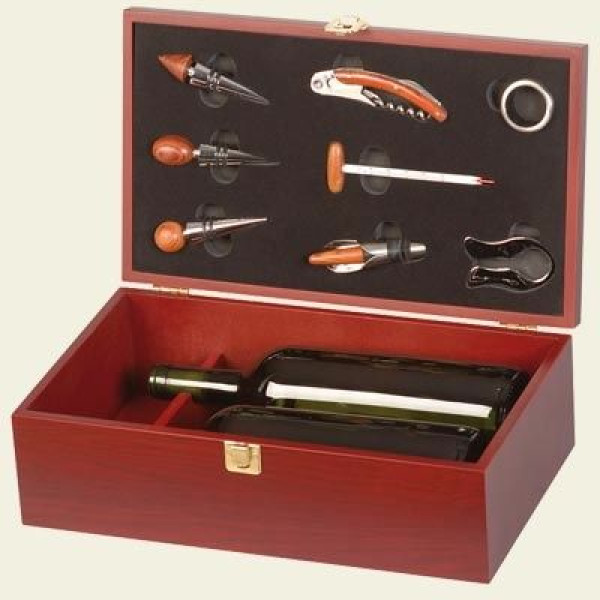 VARNISHED BURGUNDY WOODEN CASE BOX FOR 2 BOTTLES WITH 8 ACCESSORIES - 250 Pcs.