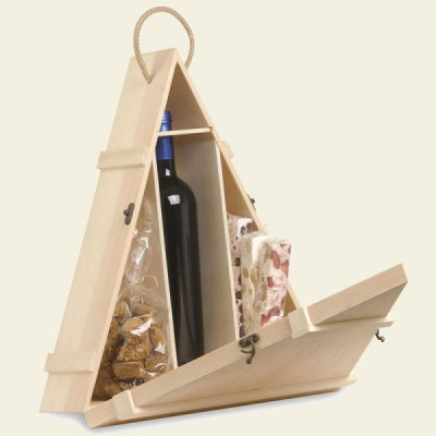 TRIANGULAR WOODEN GIFT BOX FOR 1 BOTTLE AND FOOD