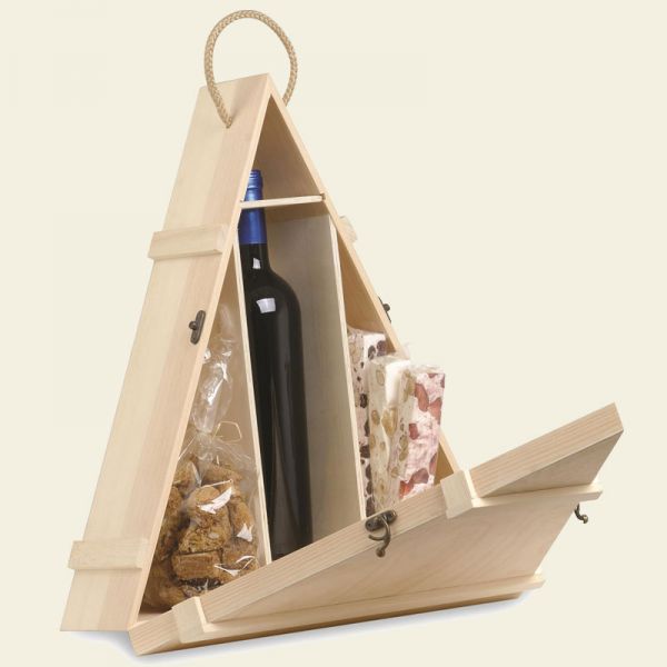 TRIANGULAR WOODEN GIFT BOX FOR 1 BOTTLE AND FOOD