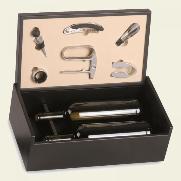 Varnished black wooden case for 2 bottles with 6 wine accessories