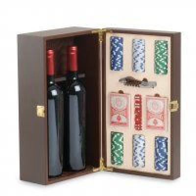 Black wood case for 2 bottles with poker set