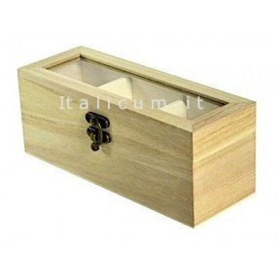 Balsa wooden box with transparent cover and 3 compartments cm.21x7,3 h.7,5