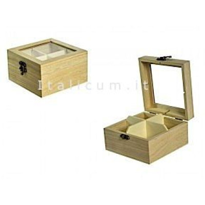 Balsa wooden box with transparent cover and 4 compartments cm.14x14 h.7,5