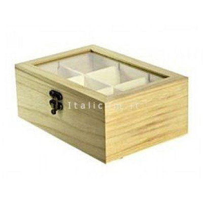 Balsa wooden box with transparent cover and 6 compartments cm.21x14 h.7,5