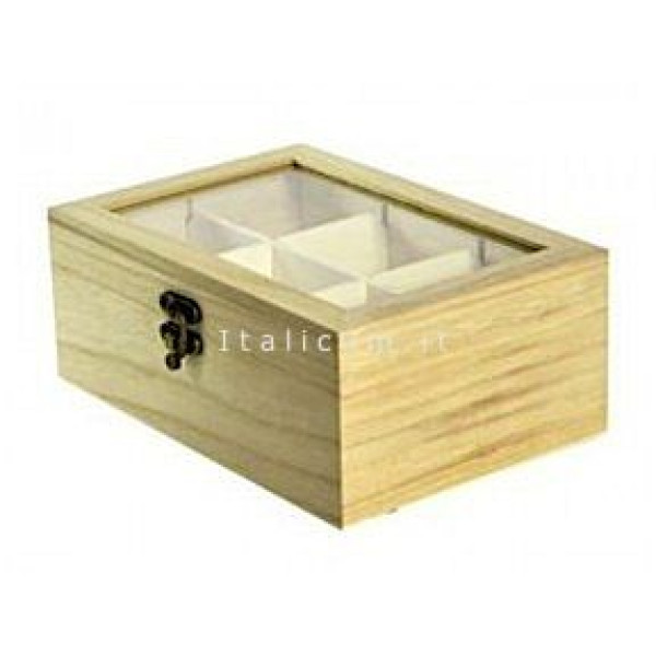 Balsa wooden box with transparent cover and 6 compartments cm.21x14 h.7,5