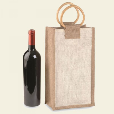 JUTE BOTTLES HOLDER WITH BAMBOO HANDLES - FOR 2 BOTTLES - 10 Pcs.