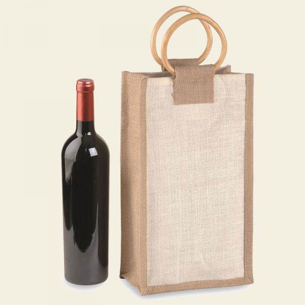 JUTE BOTTLES HOLDER WITH BAMBOO HANDLES - FOR 2 BOTTLES - 10 Pcs.