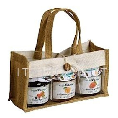 JUTE BAG JARS HOLDER 3 places 250 gr. with closing string and handles - mm.230x75x130 - 5 pcs.