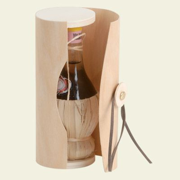 Mignon cylindrical bottle case made of wood with leather string - cm.14x6