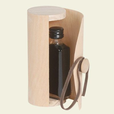 Mini cylindrical bottle case made of wood with leather string  xm.12x5
