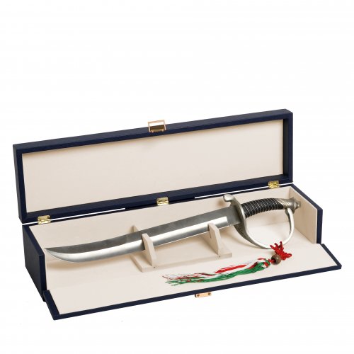 Sommelier saber in blue leather wooden case for display