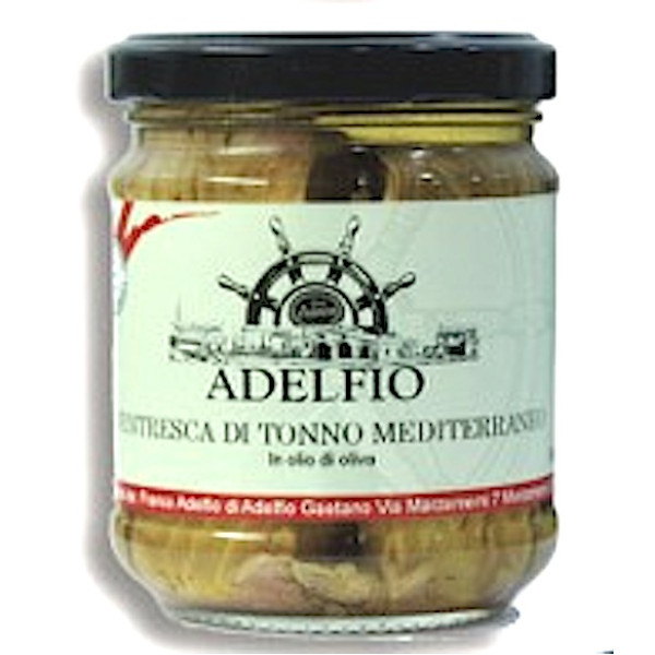 Mediterranean tuna belly in olive oil 200 gr jar.